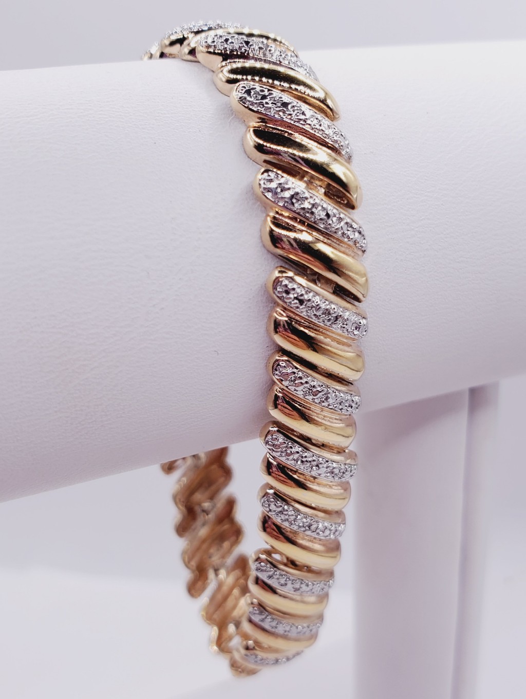Genuine Diamond Yellow Gold And 925 Silver Twisted Pave Bracelet